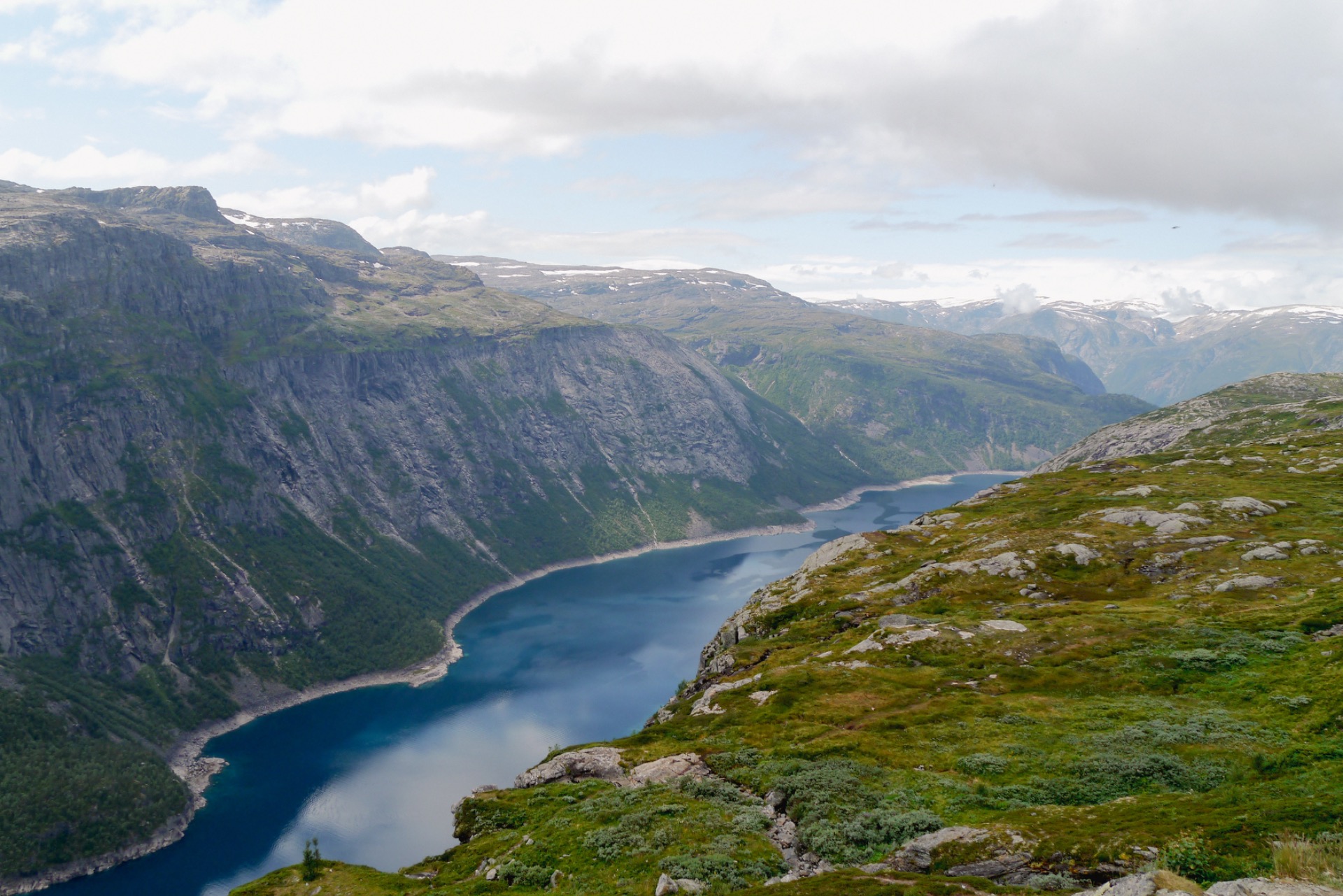 Wollie bij de steenformatie Trolltunga in Noorwegen