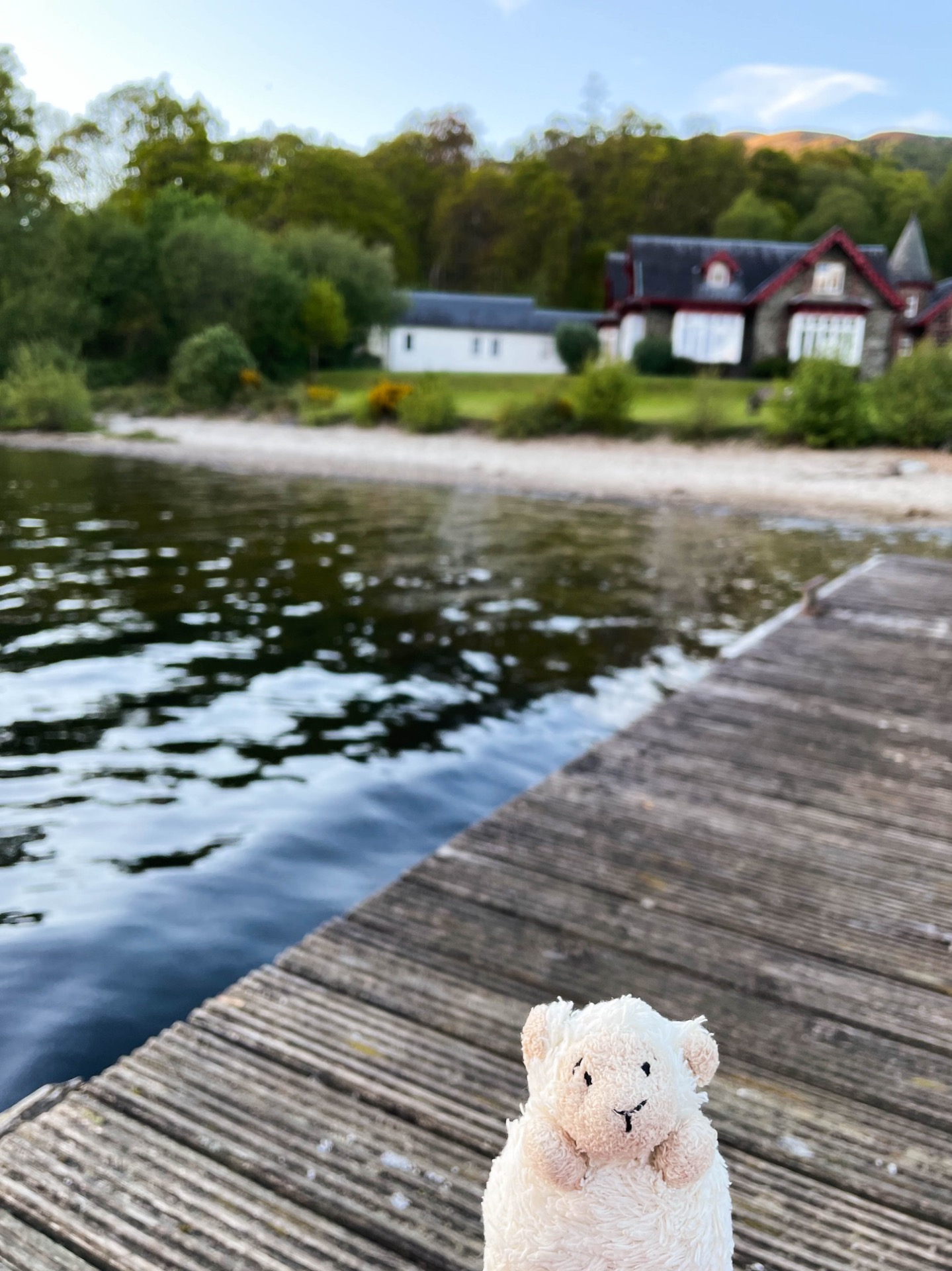 Wollie, de mascotte van de blog, staat op de steiger van een meer in Schotland